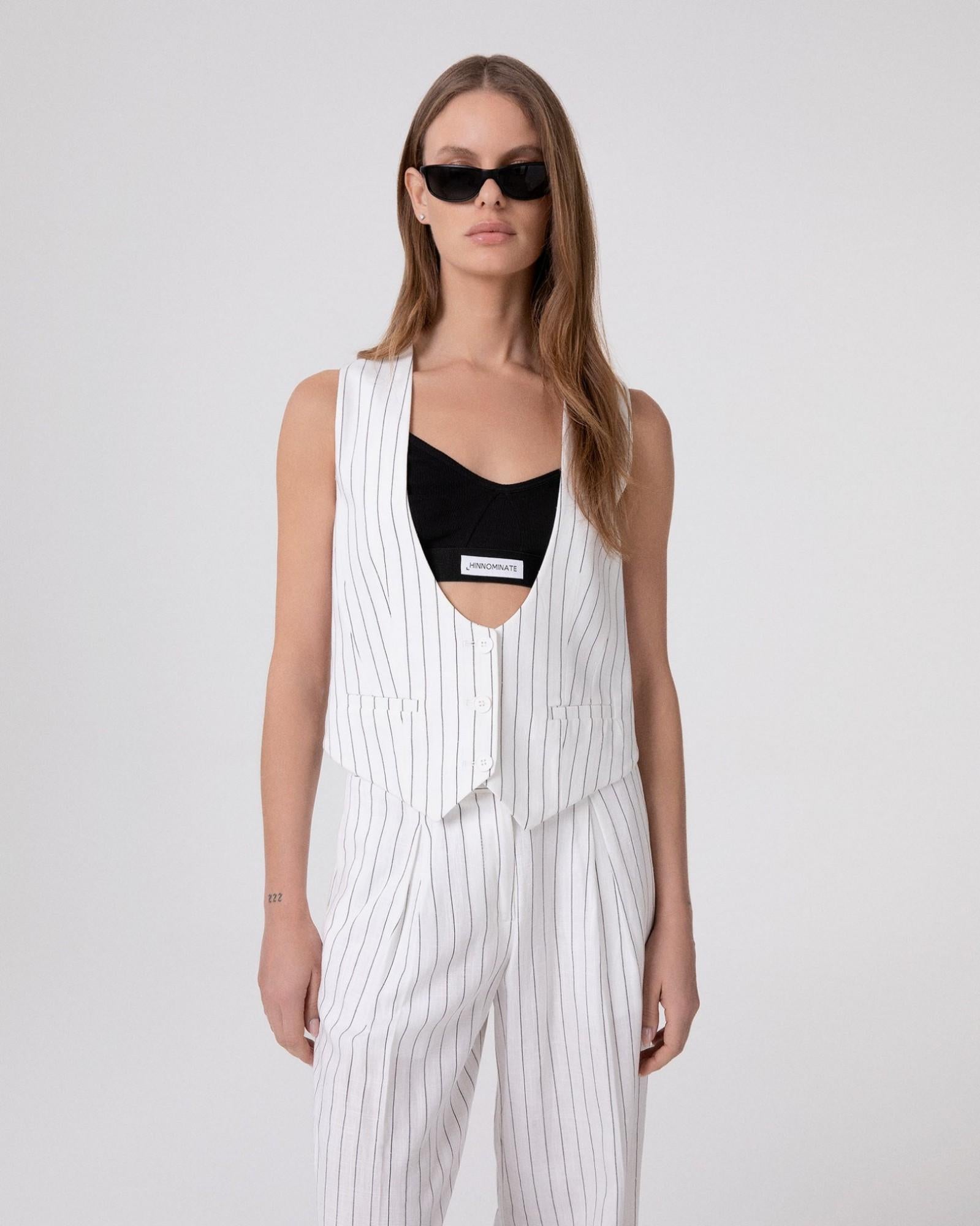 gilet donna con scollo ampio in lino gessato bianc hinnominate HMABW02653 BIANCO HINNOMINATE 