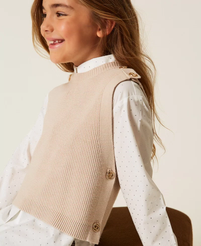 GILET BAMBINA IN MAGLIA CON COTTONI LOGATI BEIGE TWINSET 252GJ3062 BISCUIT TWINSET KIDS 